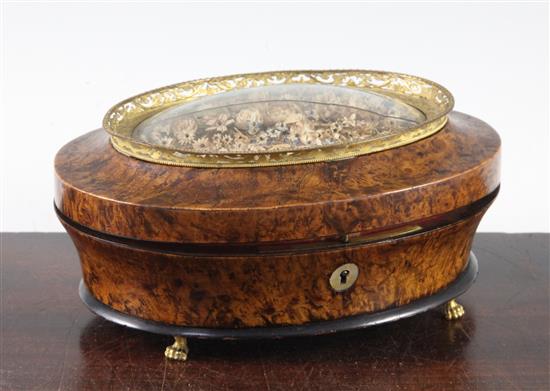 An early 19th century French burr wood musical work box, 7.5in.